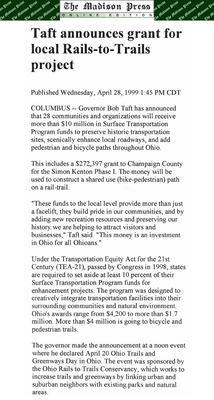 04-28-99 - Madison Press article: Taft announces grant for local Rails-To-Trails project