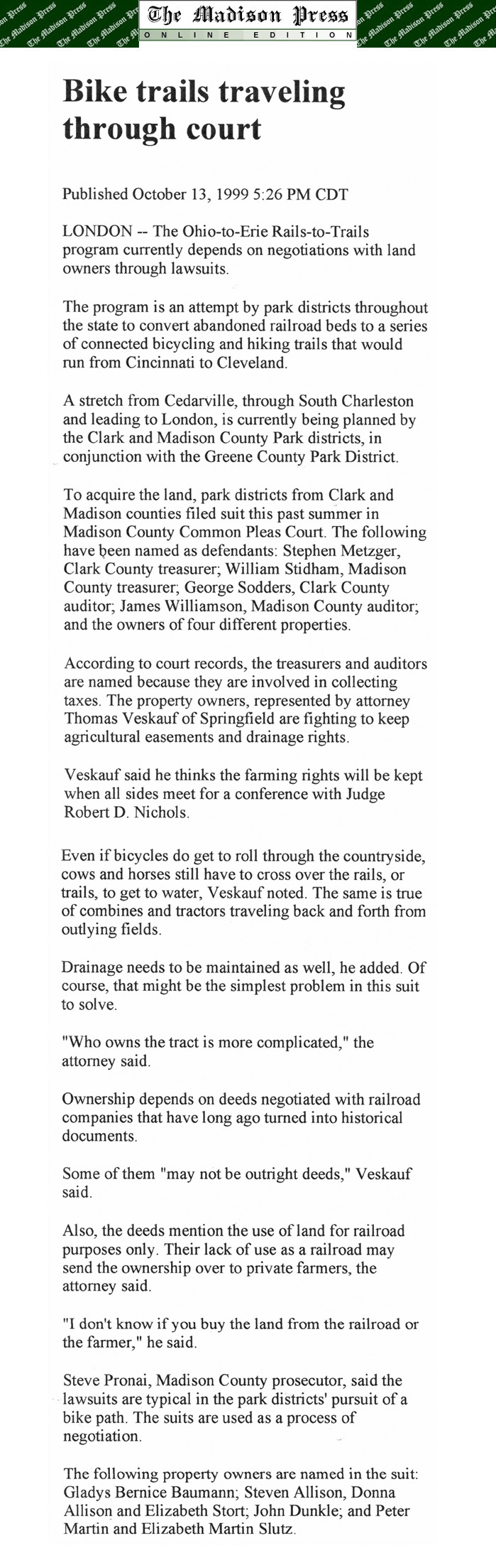 10-13-99 - Madison Press article: Bike trails traveling through court