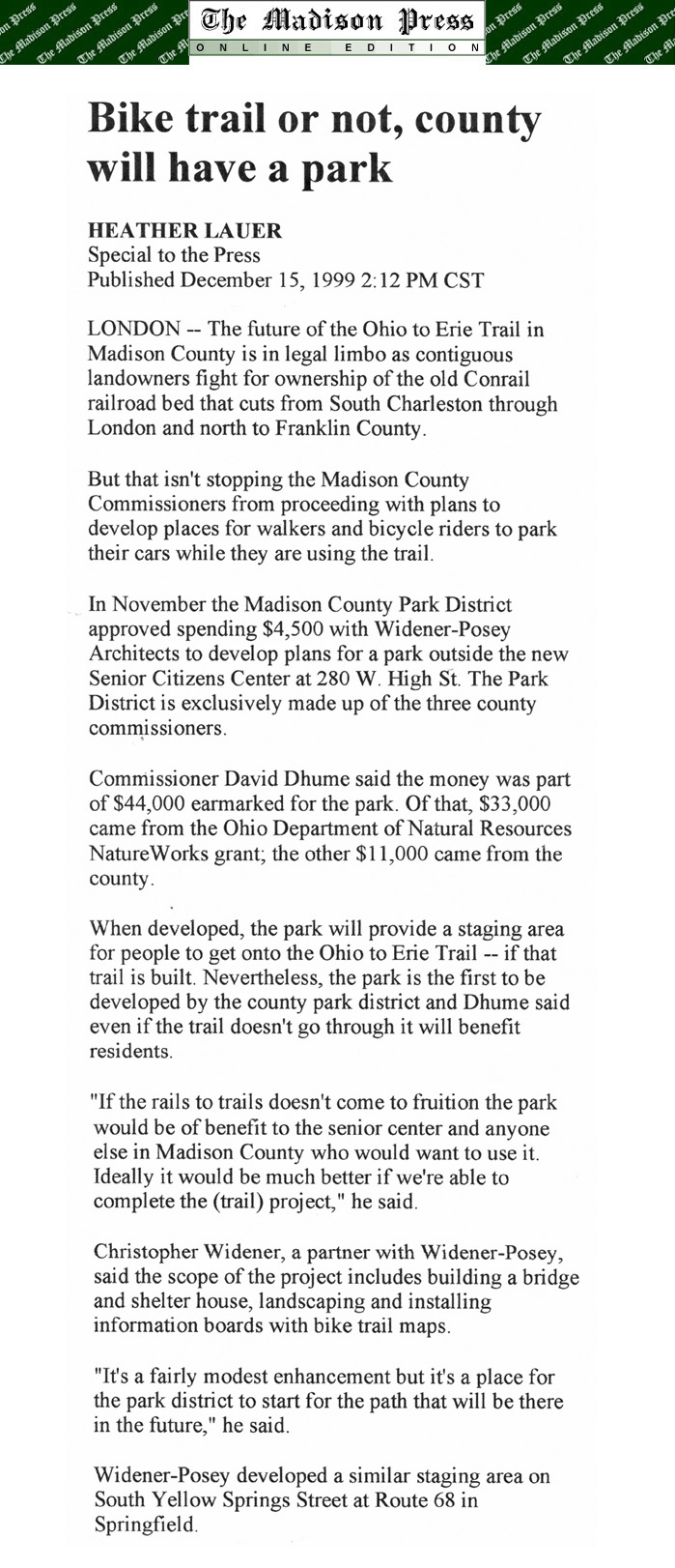 12-15-99 - Madison Press article: Bike trail or not, county will have a park