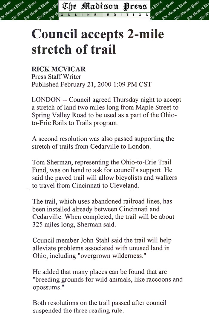 02-21-00 - Madison Press article: Council accepts 2-mile stretch of trail