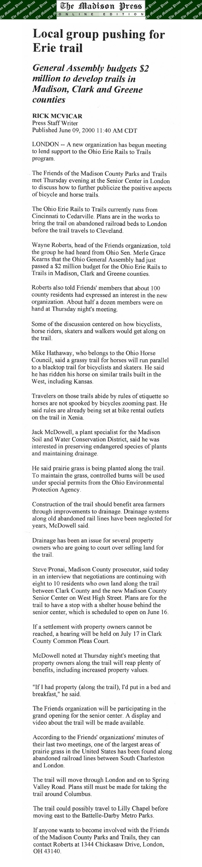 06-09-00 - Madison Press article: Local group pushing for Erie trail