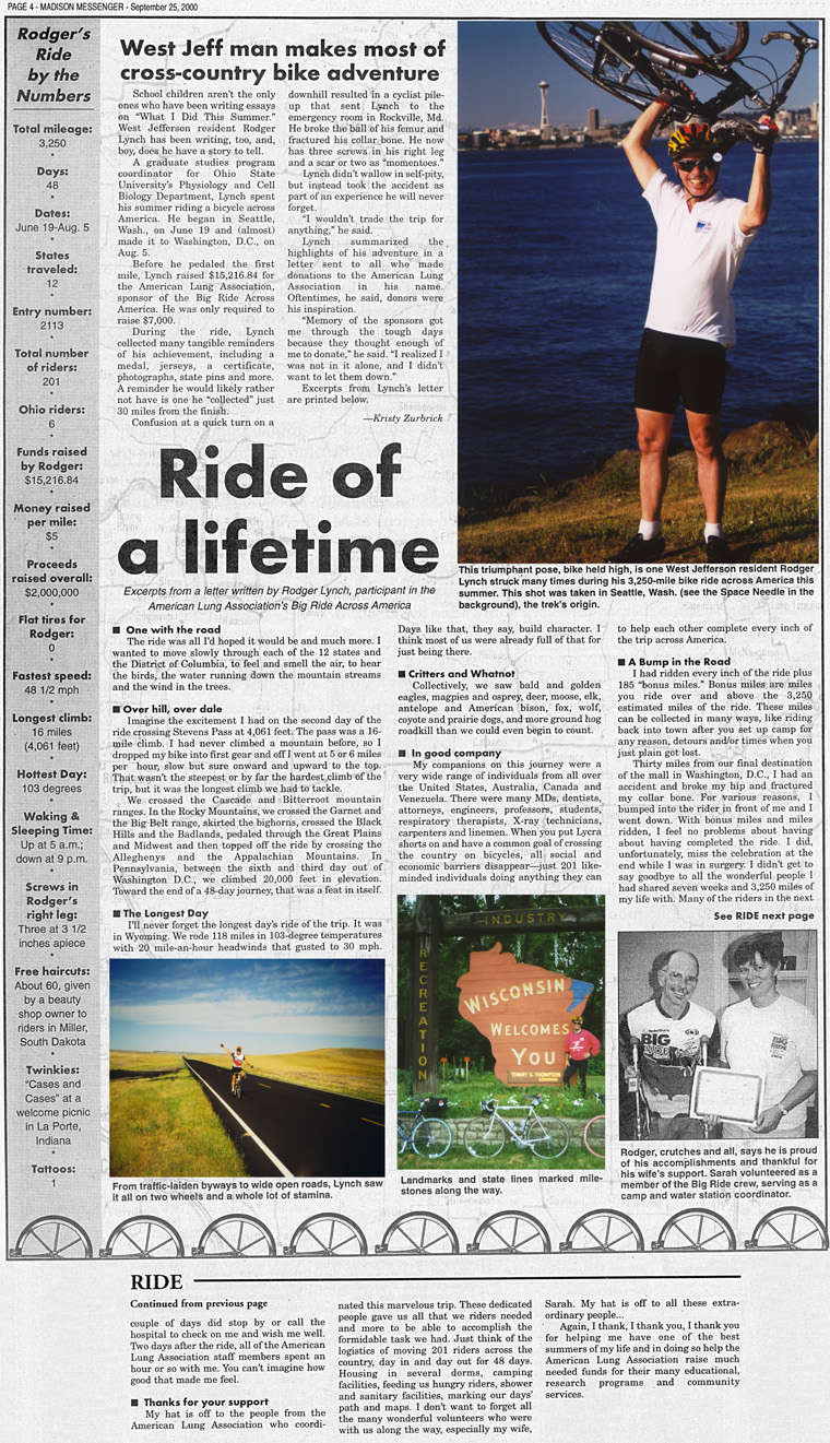 09-25-00 - Madison Messenger article: West Jeff man makes most of cross-country bike adventure