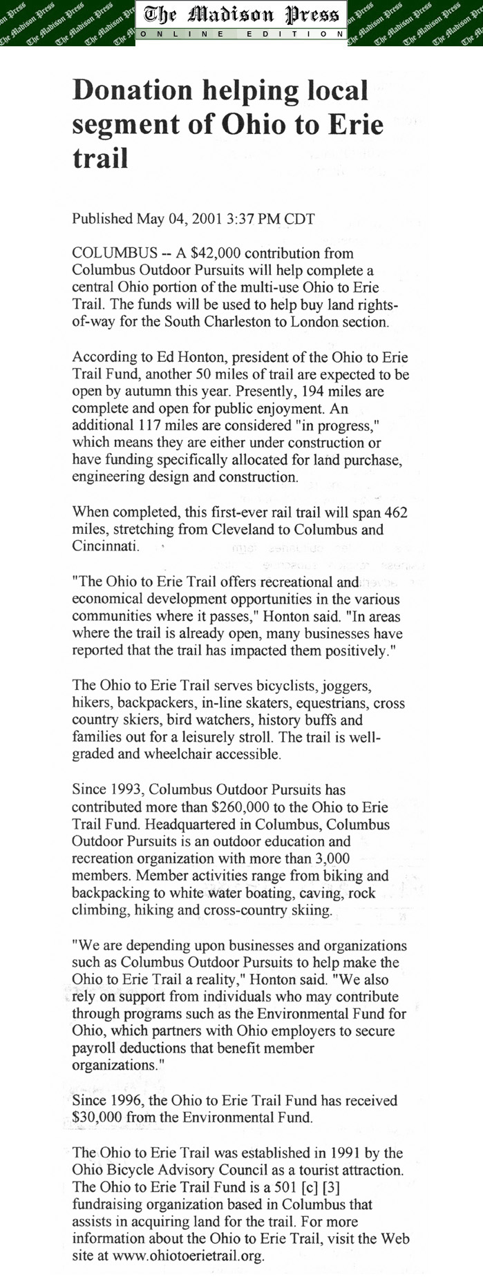 05-04-01 - Madison Press article: Donation helping local segment of Ohio to Erie trail