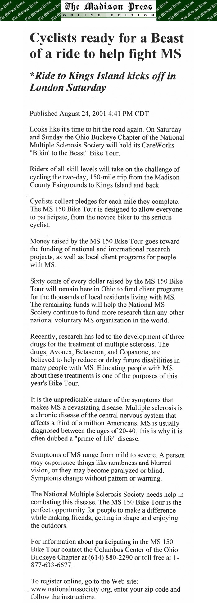 08-24-01 - Madison Press article: Cyclists ready for a Beast of a ride to help fight MS