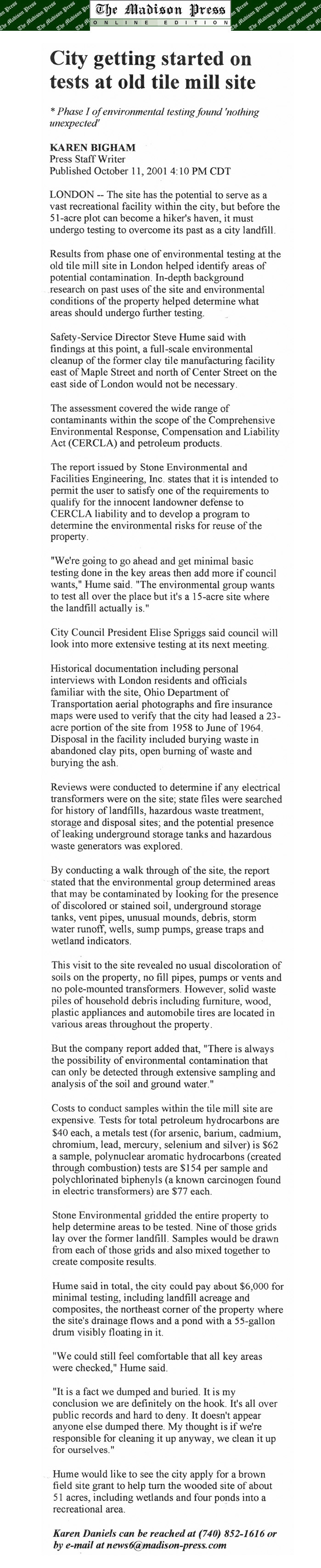 10-11-01 - Madison Press article: City getting started on tests at old tile mill site