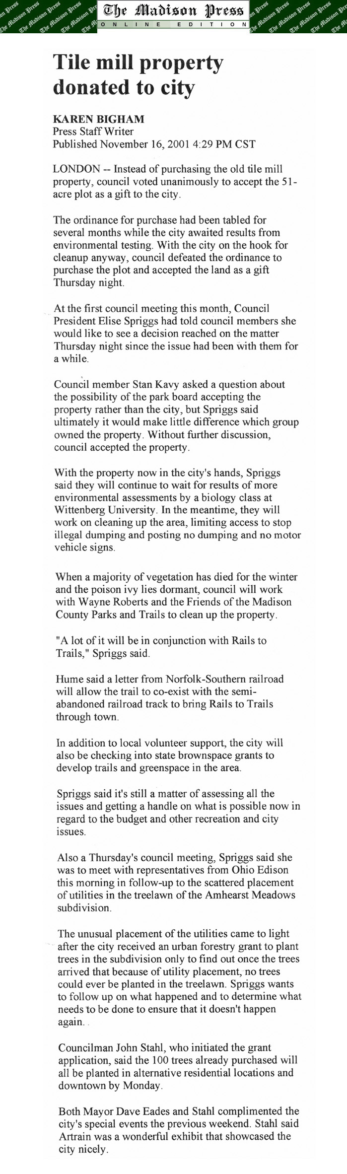 11-16-01 - Madison Press article: Tile mill property donated to city