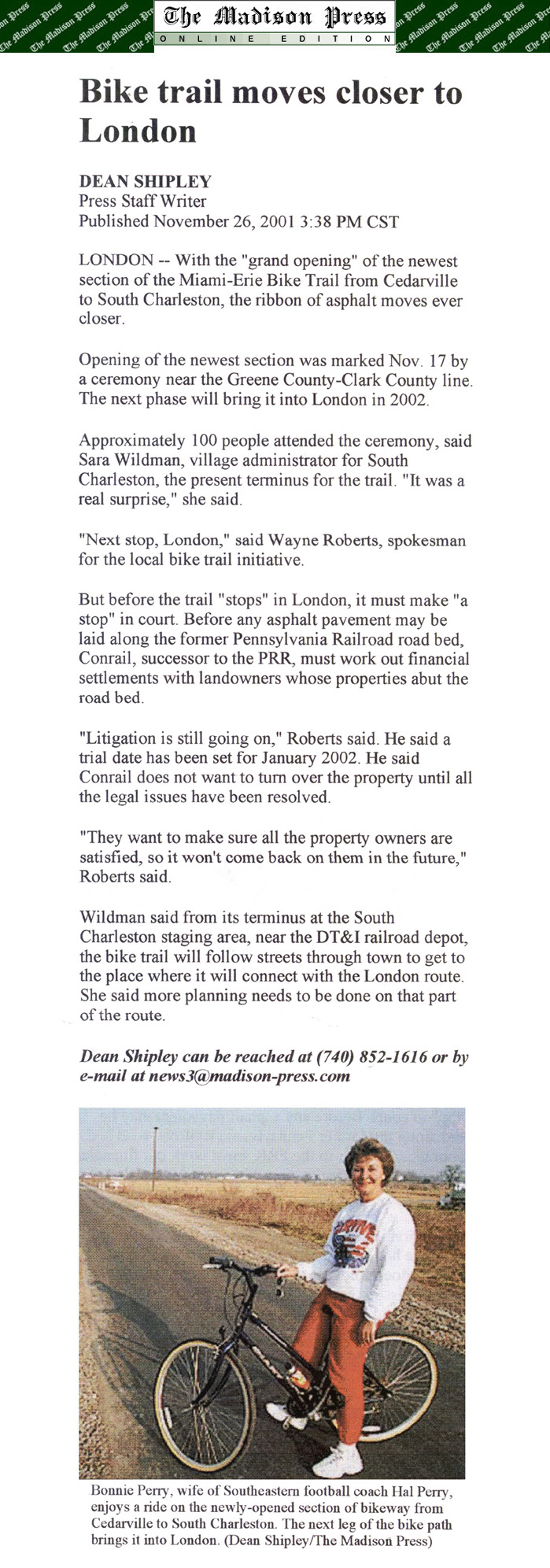 11-26-01 - Madison Press article: Bike trail moves closer to London