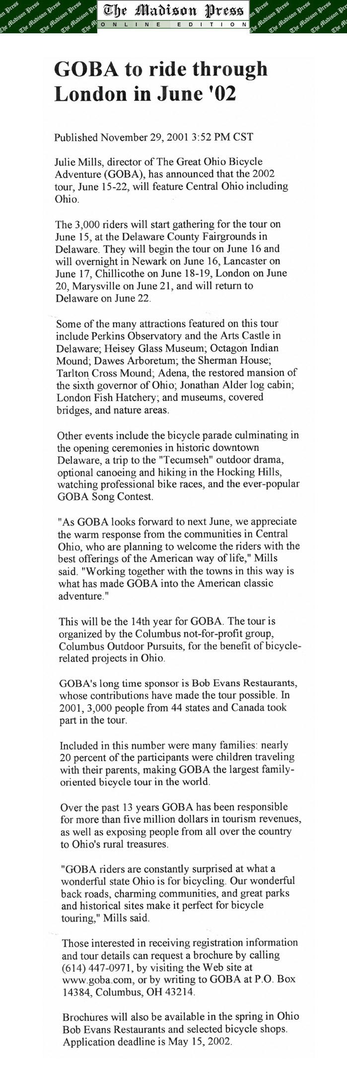 11-29-01 - Madison Press article: GOBA to ride through London in June '02