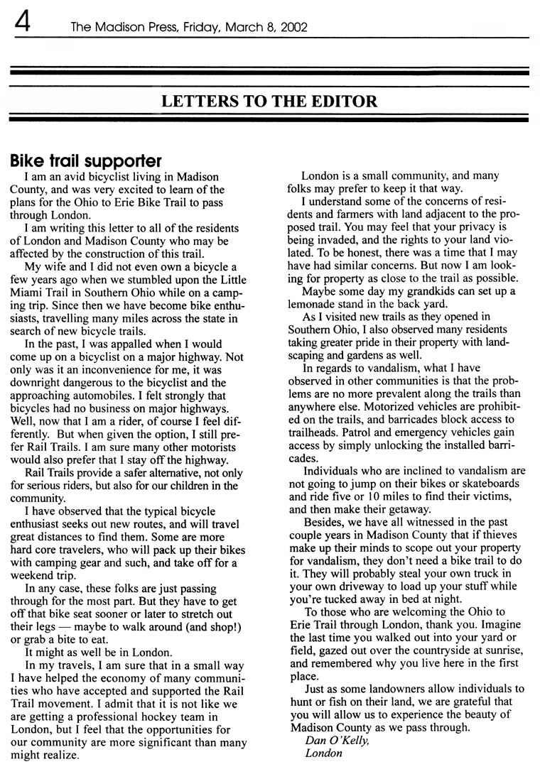 03-09-02 - Madison Press Letter to the Editor: Bike trail supporter