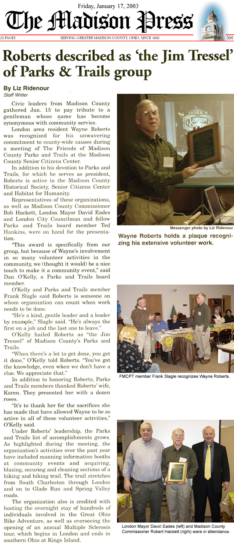 01-27-03 - Madison Messenger article: Wayne Roberts receives community service award