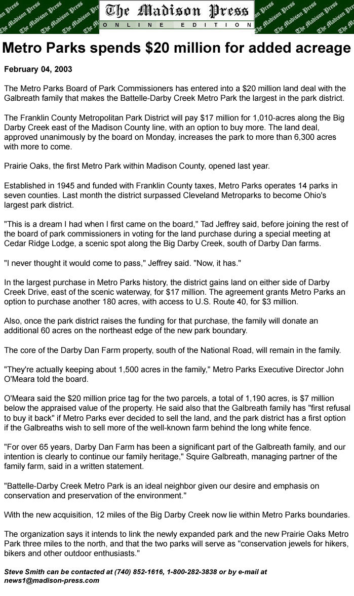 02-04-03 - Madison Press article: Metro Parks spends $20 million for added acreage