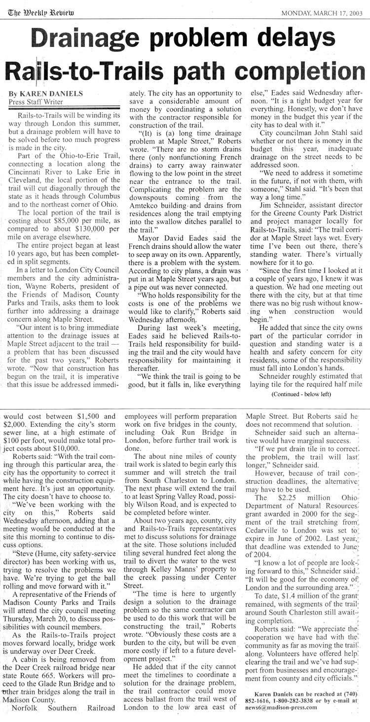 03-17-03 - Madison Press article: Drainage problem delays Rails-to-Trails path completion