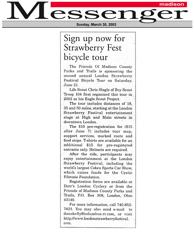 04-03-03 - Madison Messenger article: Sign up now for Strawberry Festival bicycle tour