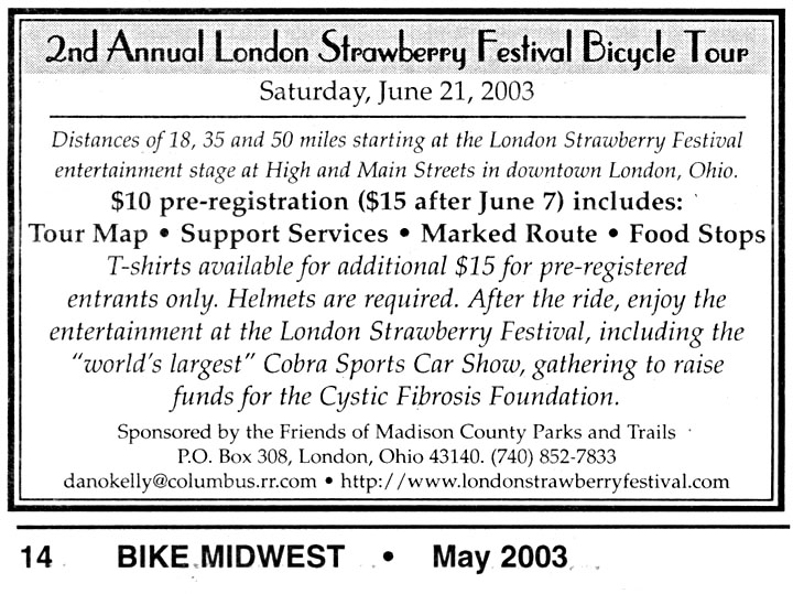 05-01-03 - Bike Midwest article: 2nd Annual London Strawberry Festival Bicycle Tour