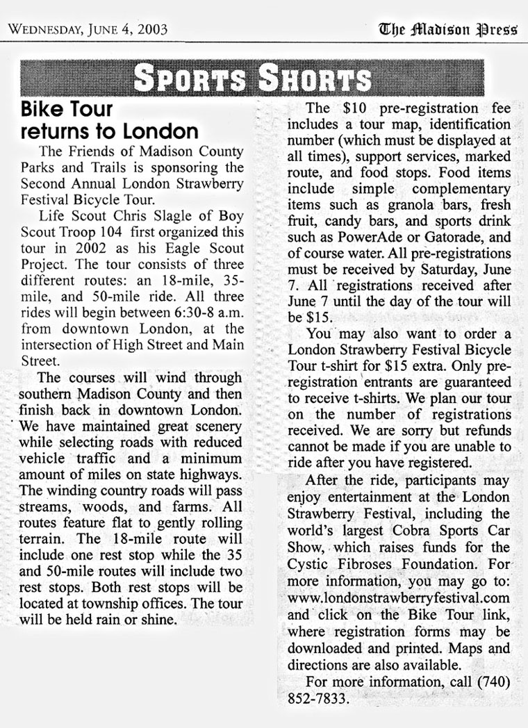 06-04-03 - Madison Press article: Bike tour returns to London