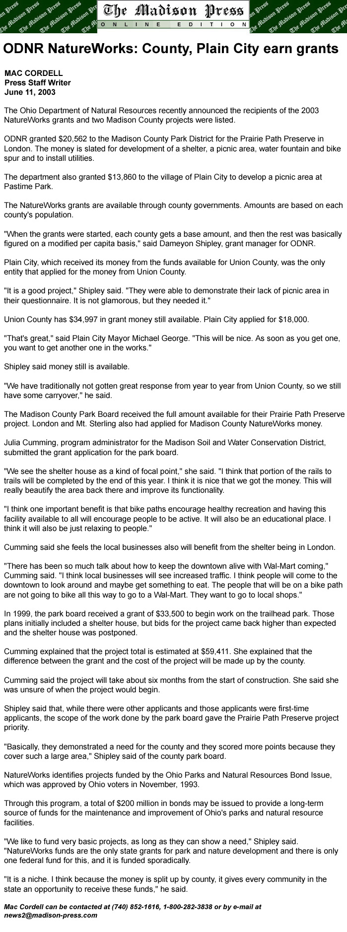 06-11-03 - Madison Press article: ODNR NatureWorks:  Madison County, Plain City earn grants