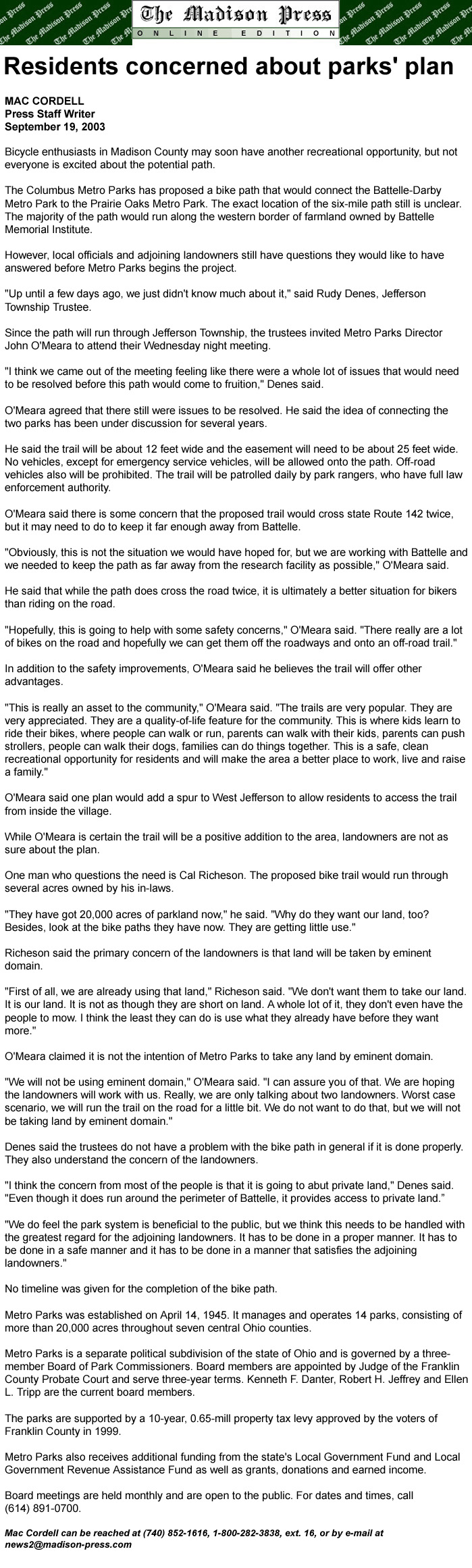 09-19-03 - Madison Press article: Residents concerned about parks' plan