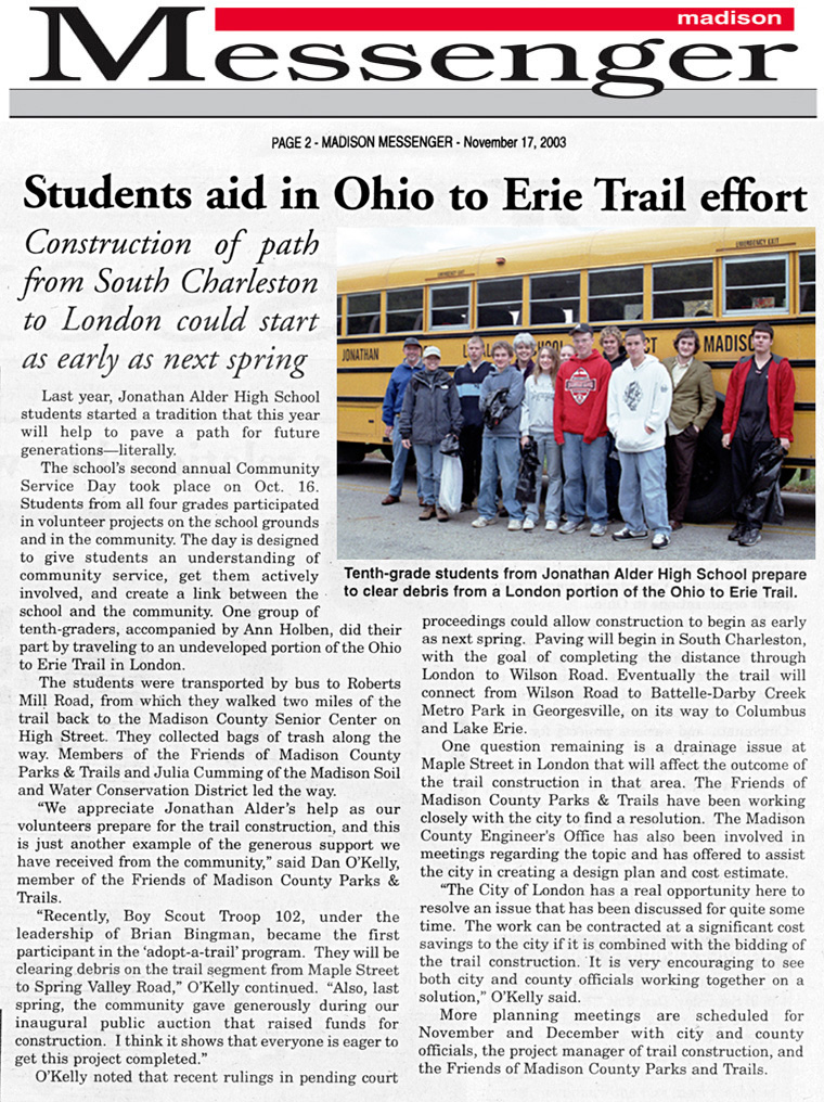 11-17-03 - Madison Messenger article: Students aid in Ohio to Erie Trail effort