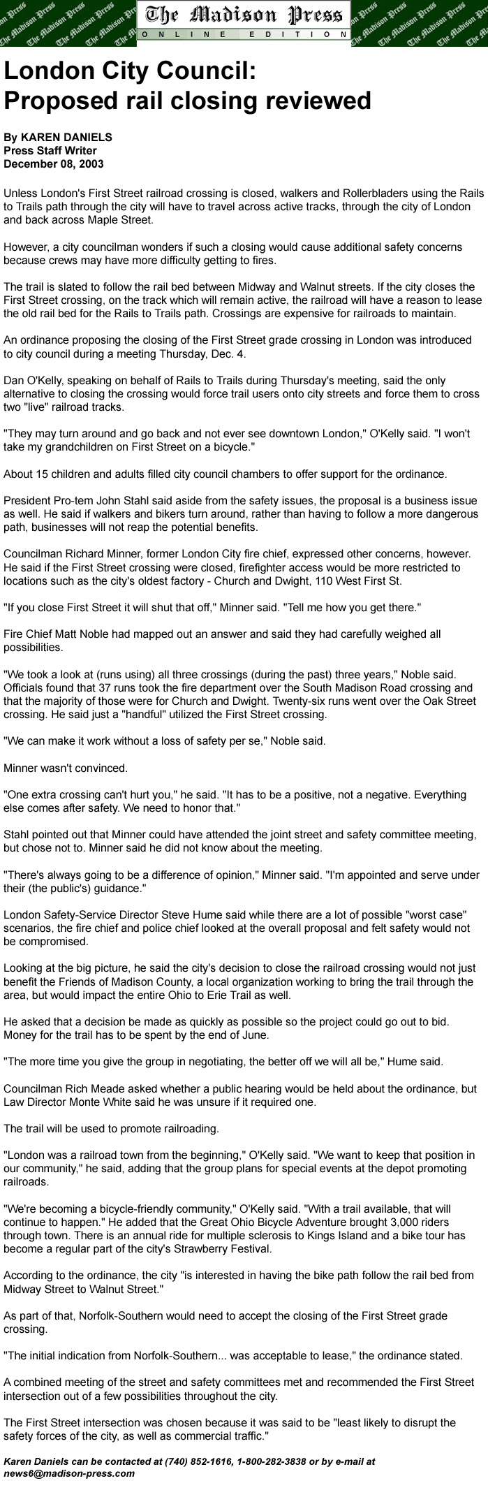 12-08-03 - Madison Press article: Proposed rail closing reviewed