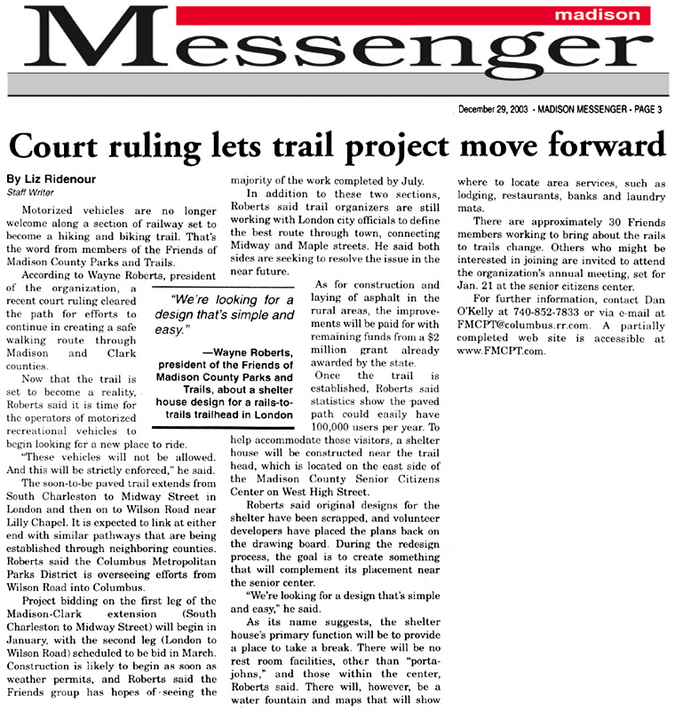 12-29-03 - Madison Messenger article: Court ruling lets trail project move forward