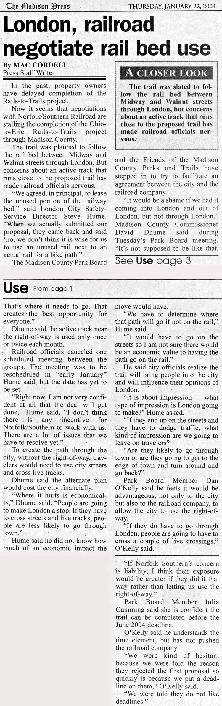 01-22-04 - Madison Press article:  London, railroad negotiate rail bed use