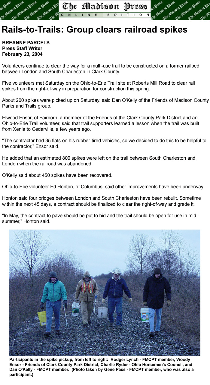 02-23-04 - Madison Press article: Rails-to-Trails: Group clears railroad spikes