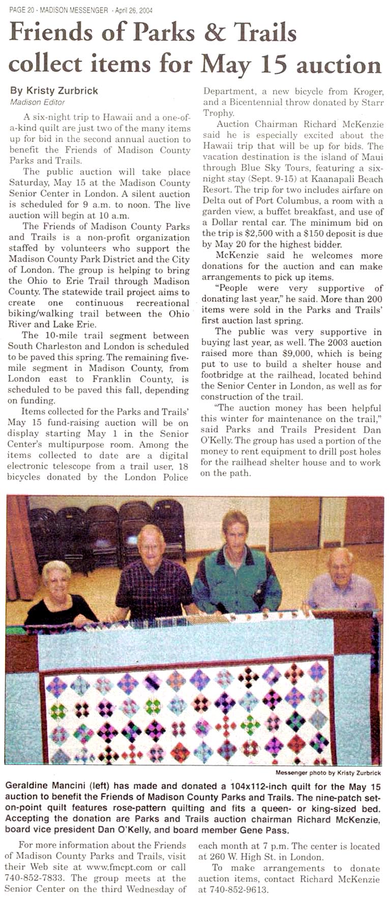 04-26-04 - Madison Messenger article: Friends of Parks and Trails collect items for May 15 auction