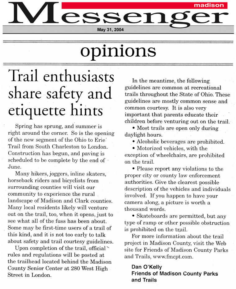 05-31-04 - Madison Messenger article:  Trail enthusiasts share trail safety and etiquette hints