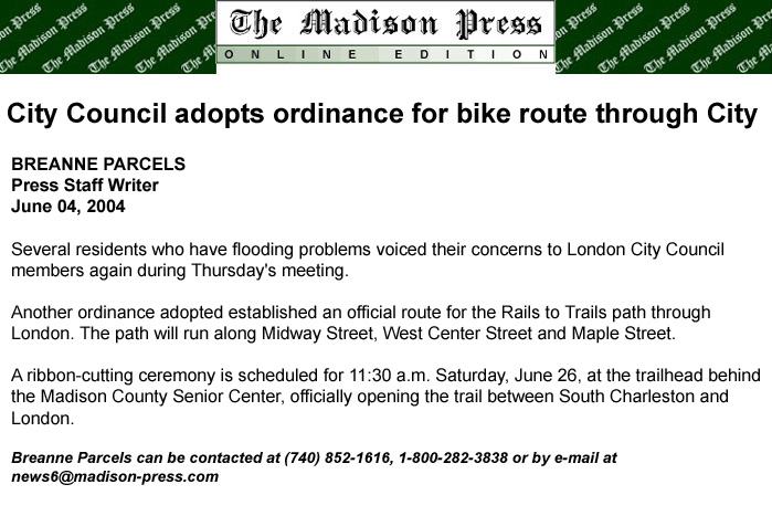 06-03-04 - Madison Press article:  City Council adopts ordinance for bike route through City