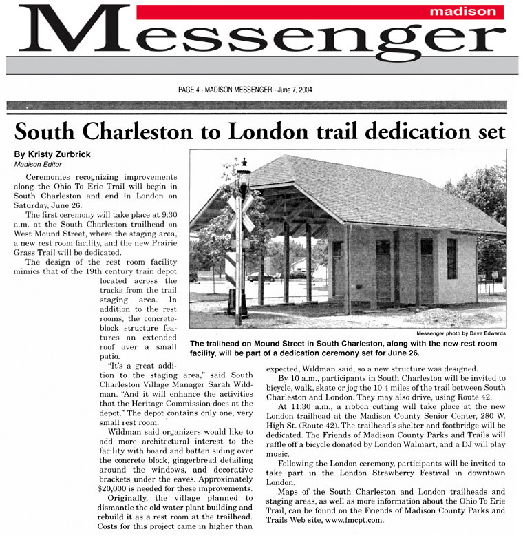 06-07-04 - Madison Messenger article:  South Charleston to London trail dedication set