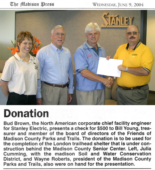 06-09-04 - Madison Press article:  The Friends of Madison County Parks and Trails receive donation from Stanley Electric