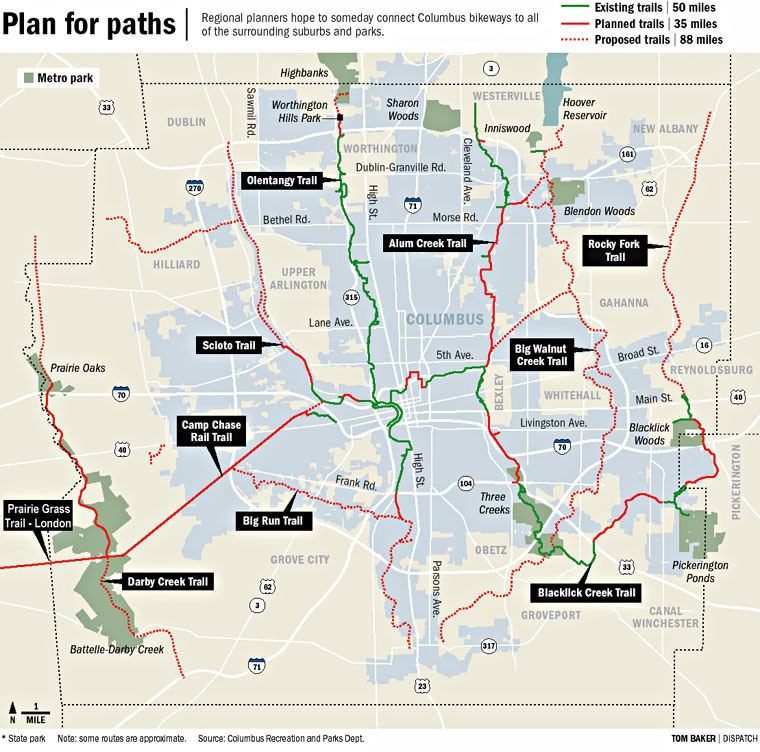 Reginal planners hope to someday connect Columbus bikeways to all of the surrounding suburbs and parks, based on this map of proposed pathways.