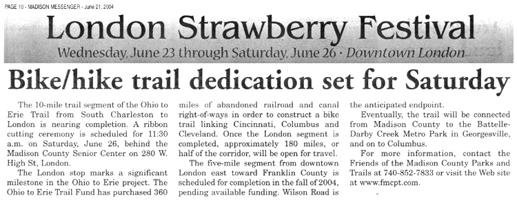 06-20-04 - Madison Messenger article:  Bike / hike trail dedication set for Saturday