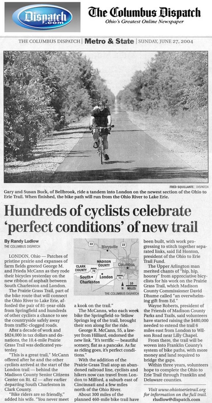 06-27-04 - Columbus Dispatch article: Hundreds of cyclists celebrate "perfect conditions" of new trail