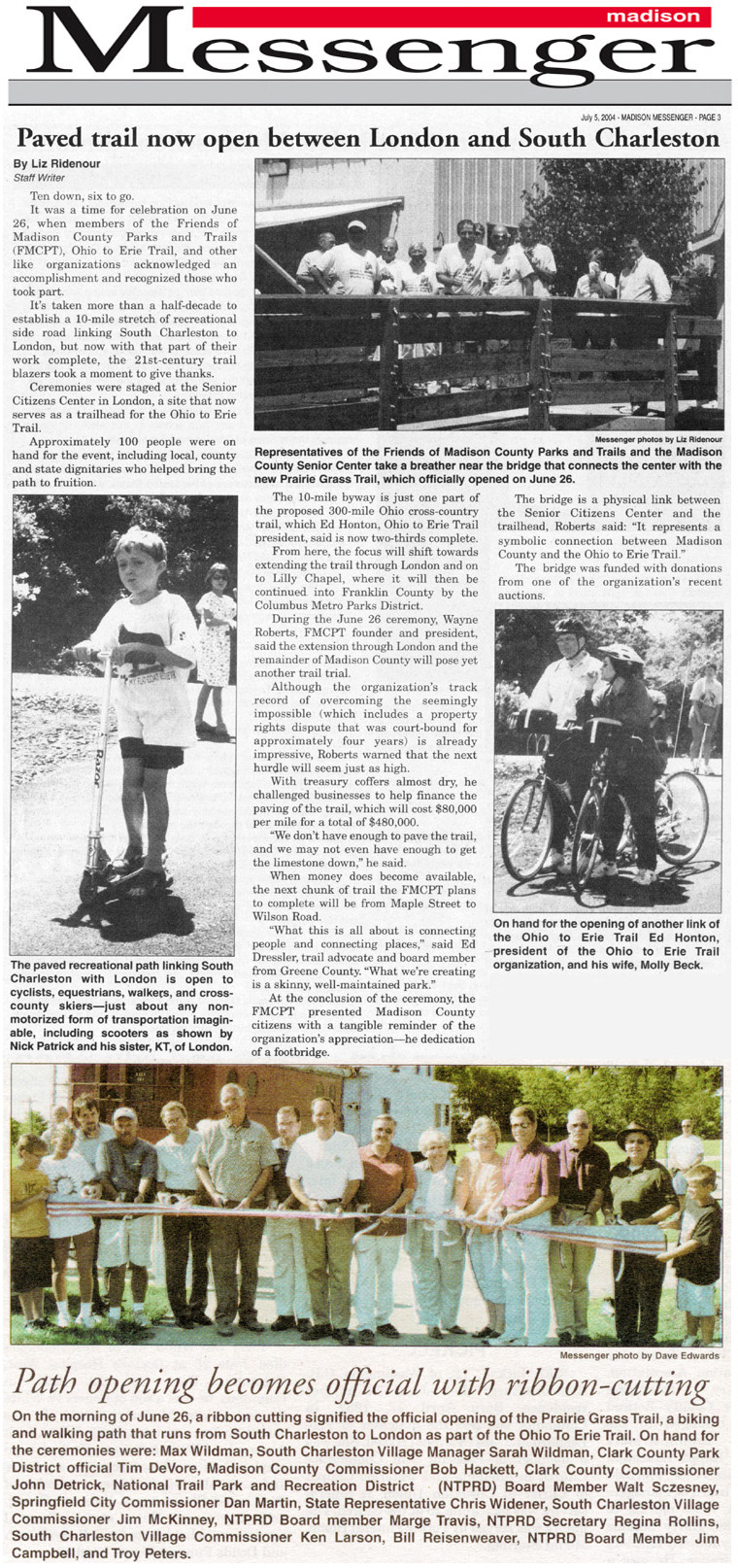 07-05-04 - Madison Messenger article:  Paved trail now open between London and South Charleston