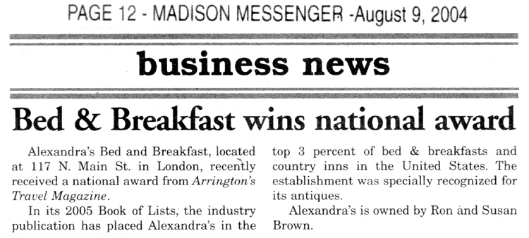 08-07-04 - Madison Messenger article:  Bed & Breakfast wins national award