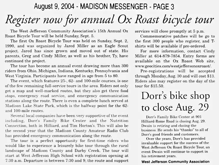 08-08-04 - Madison Messenger article:  Register now for annual Ox Roast Bicycle Tour