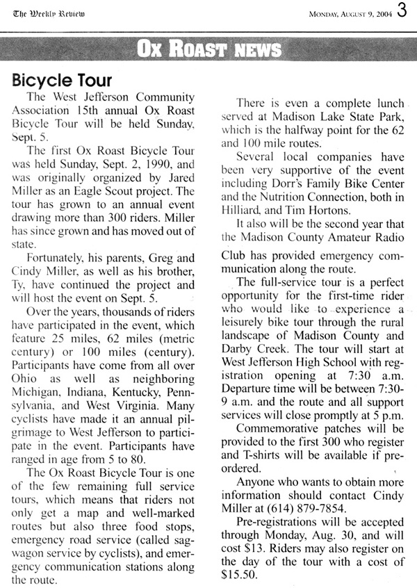 08-09-04 - Madison Press article: Ox Roast News - Bicycle Tour