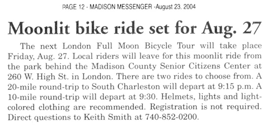 08-23-04 - Madison Messenger article: Moonlit bike ride set for August 27