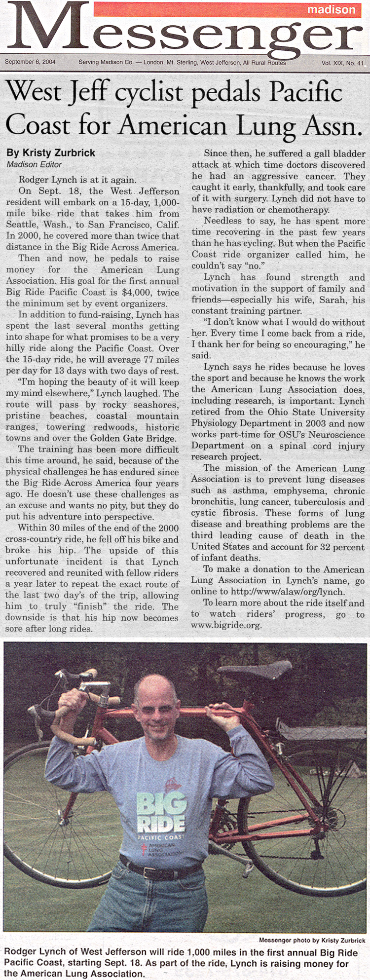 09-06-04 - Madison Messenger article: West Jeff cyclist pedals Pacific Coast for American Lung Assn.