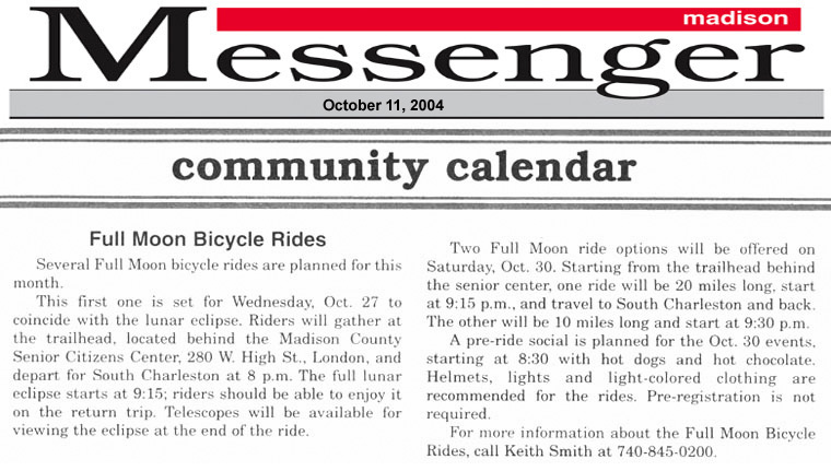 10-11-04 - Madison Messenger article: Full Moon Bicycle Rides