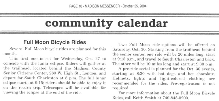 10-25-04 - Madison Messenger article: Full Moon Bicycle Rides