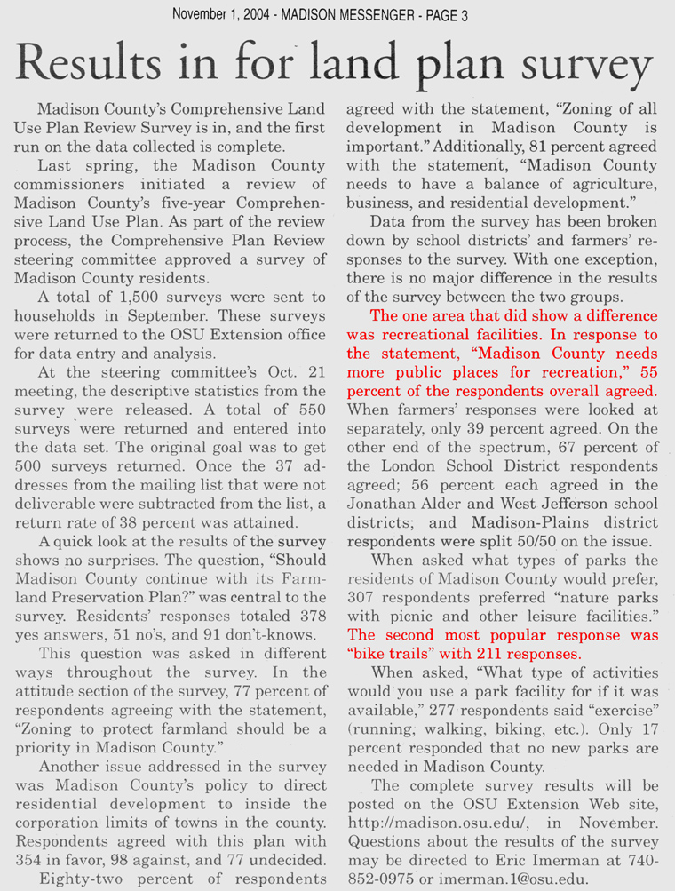 11-01-04 - Madison Messenger article: Results in for land plan survey