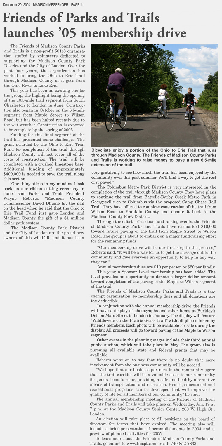 12-20-04 - Madison Messenger article: Friends of Parks and Trails launches '05 membership drive