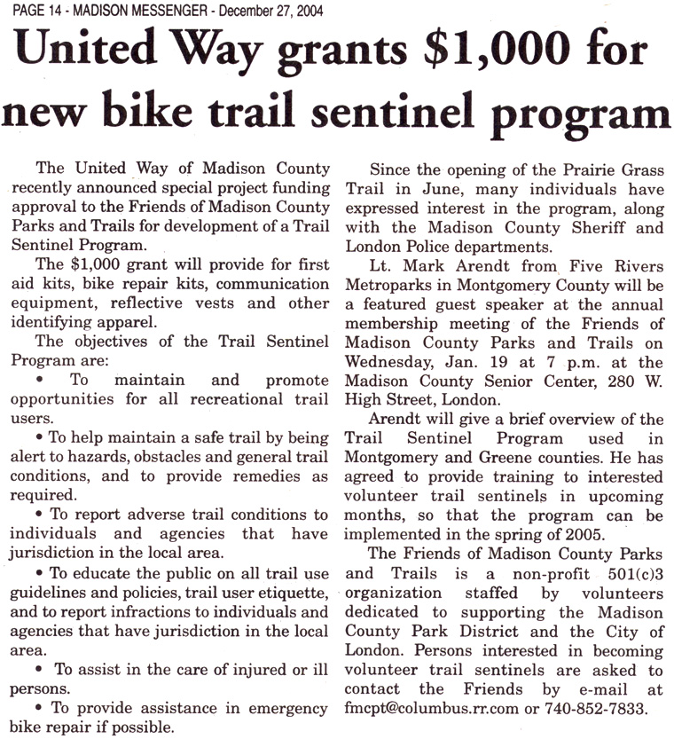 12-27-04 - Madison Messenger article:  United Way grants $1000 for new bike trail sentinel program