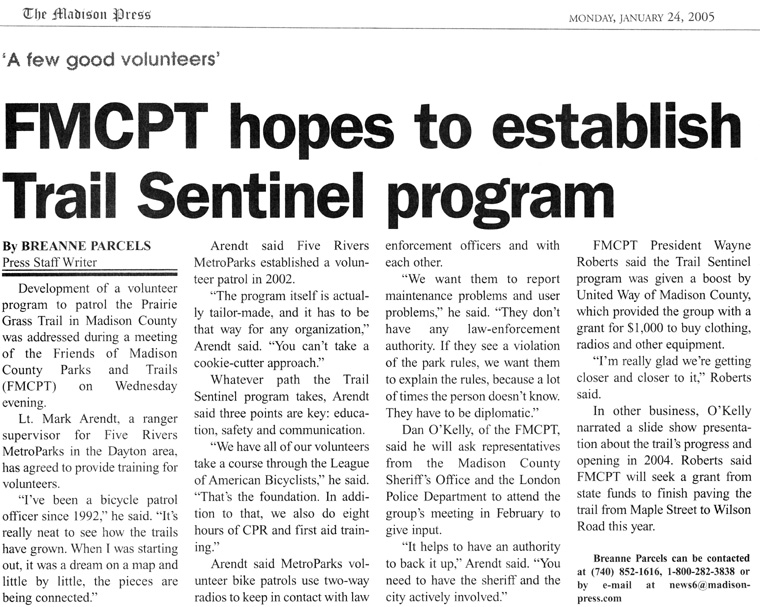 01-24-05 - Madison Press article: FMCPT hopes to establish Trail Sentinel program