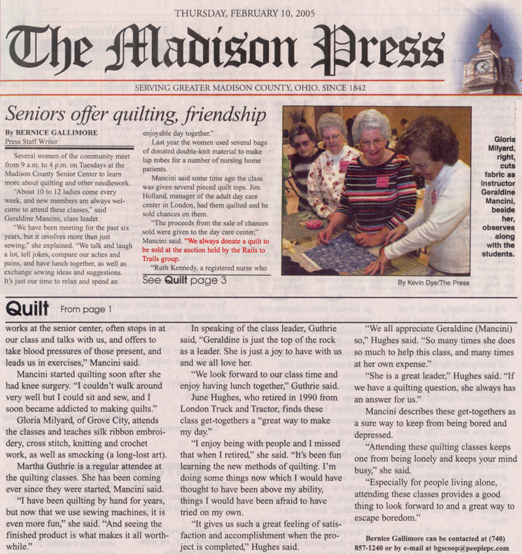 02-10-05 - Madison Press article: Seniors offer quilting, friendship