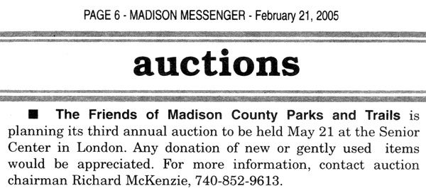 02-21-05 - Madison Messenger news brief: Auctions