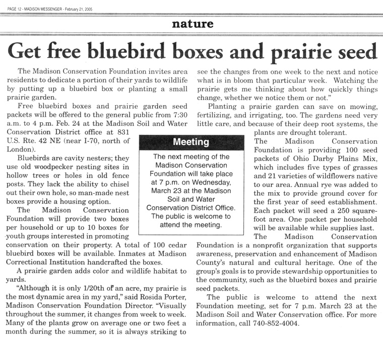 02-21-05 - Madison Messenger article: Get free bluebird boxes and prairie seed