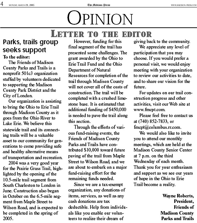 03-21-05 - Madison Press letter to the editor:  Parks, trails group seeks support